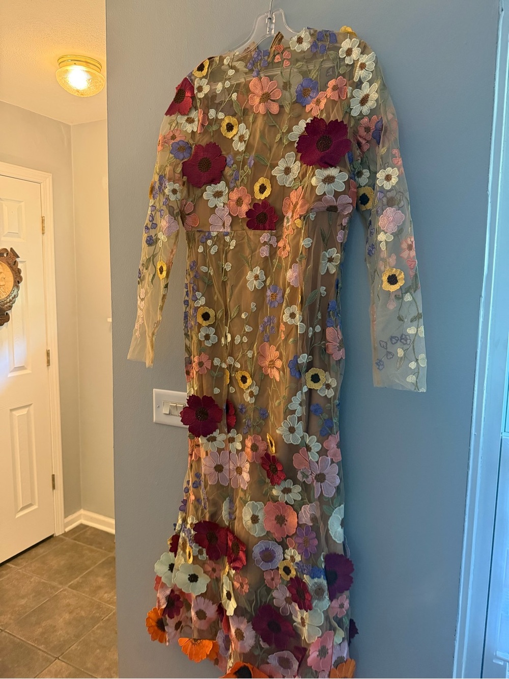 Embroidered Floral Sheer Maxi Dress – Multicolor on Nude - Picture 3 of 8
